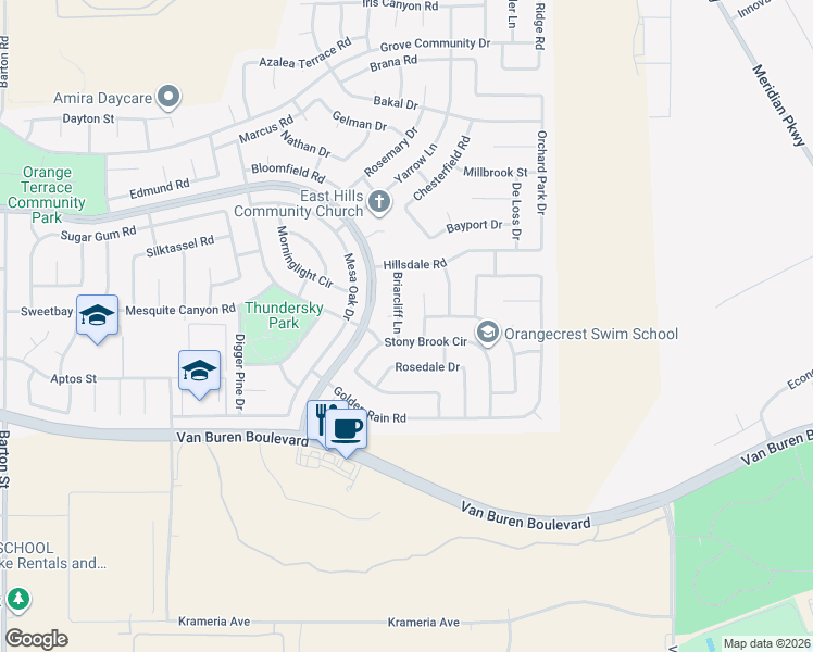 map of restaurants, bars, coffee shops, grocery stores, and more near 20694 Stony Brook Circle in Riverside
