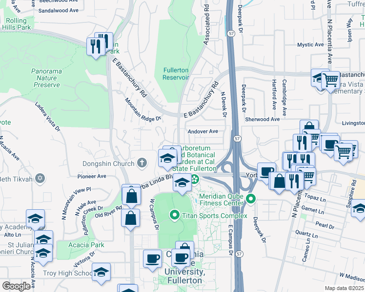 map of restaurants, bars, coffee shops, grocery stores, and more near 2606 Milton Avenue in Fullerton