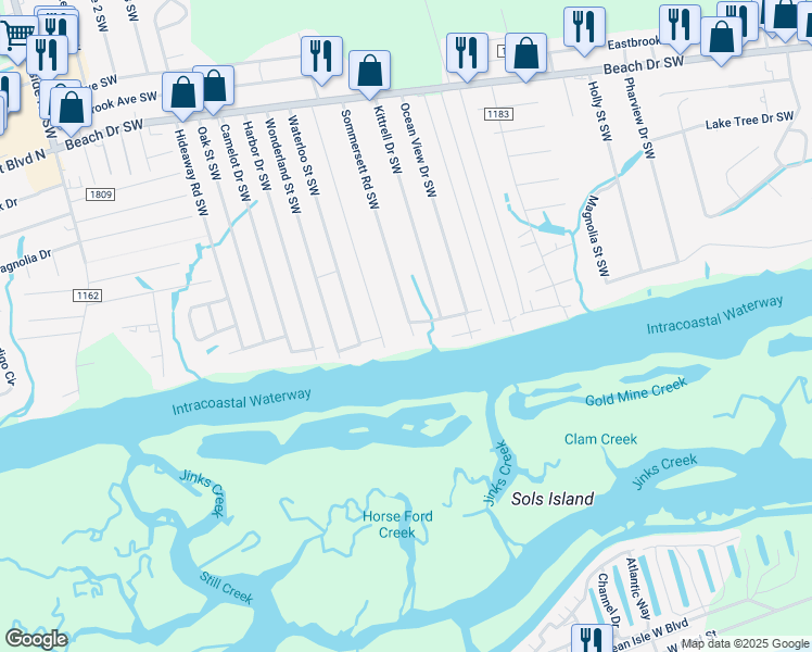 map of restaurants, bars, coffee shops, grocery stores, and more near 2029 Whispering Pine Street Southwest in Ocean Isle Beach