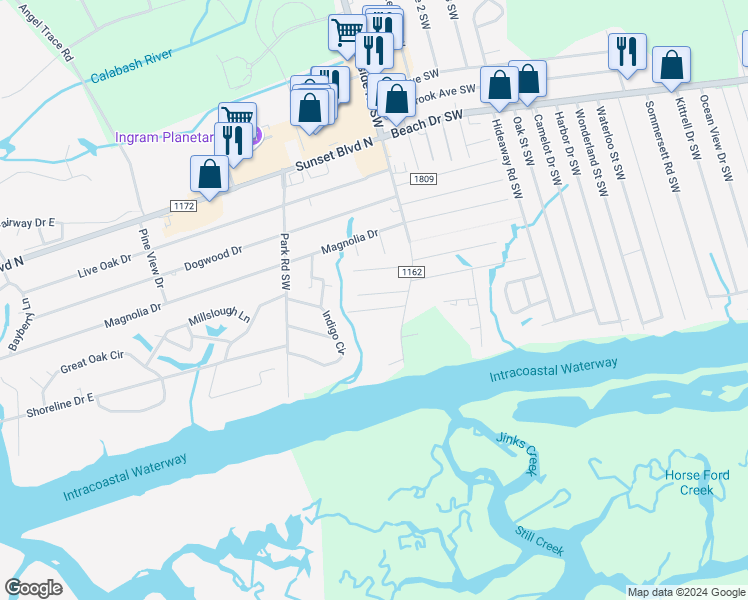map of restaurants, bars, coffee shops, grocery stores, and more near 607 Sunset Oaks Lane in Sunset Beach