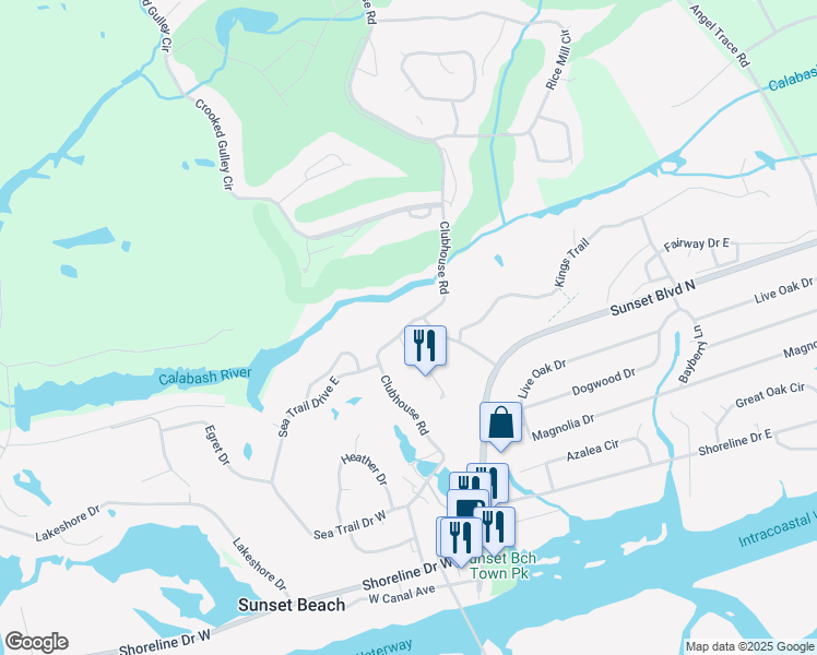 map of restaurants, bars, coffee shops, grocery stores, and more near 200 Royal Poste Road in Sunset Beach