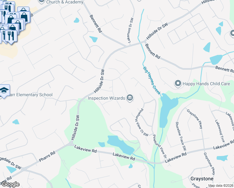 map of restaurants, bars, coffee shops, grocery stores, and more near 1724 Harrogate Court in Grayson