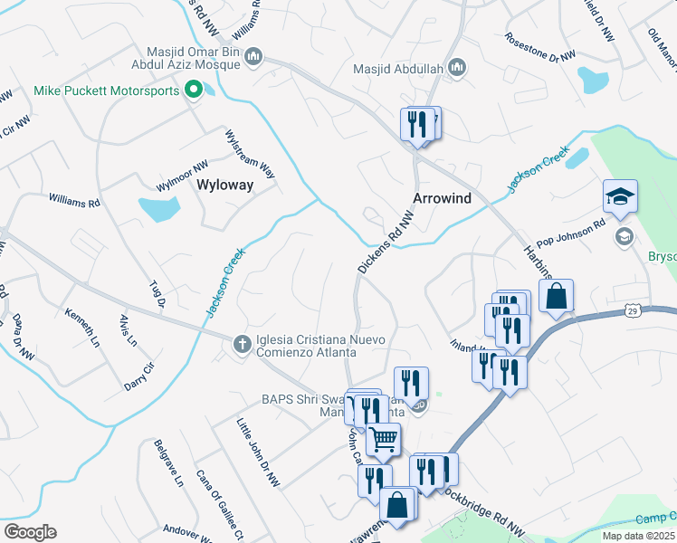 map of restaurants, bars, coffee shops, grocery stores, and more near 668 Southwind Drive Northwest in Lilburn