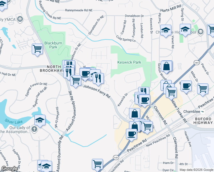 map of restaurants, bars, coffee shops, grocery stores, and more near 3424 Keswick Court in Chamblee