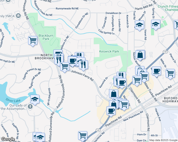 map of restaurants, bars, coffee shops, grocery stores, and more near 3424 Keswick Court in Chamblee