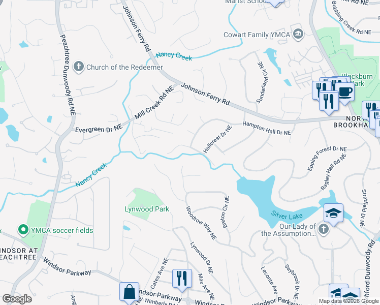 map of restaurants, bars, coffee shops, grocery stores, and more near 1151 Warrenhall Lane in Atlanta
