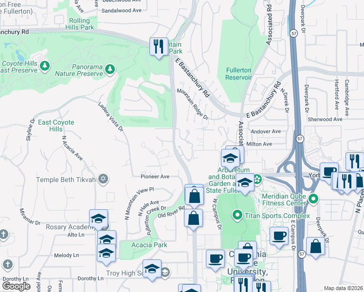 map of restaurants, bars, coffee shops, grocery stores, and more near 1912 Vista Del Oro in Fullerton
