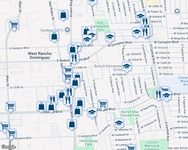 map of restaurants, bars, coffee shops, grocery stores, and more near 15512 South Visalia Avenue in Compton