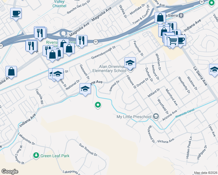 map of restaurants, bars, coffee shops, grocery stores, and more near 11629 Inwood Drive in Riverside