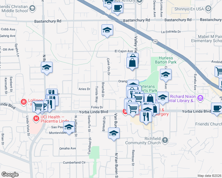map of restaurants, bars, coffee shops, grocery stores, and more near 4761 Collins Lane in Yorba Linda