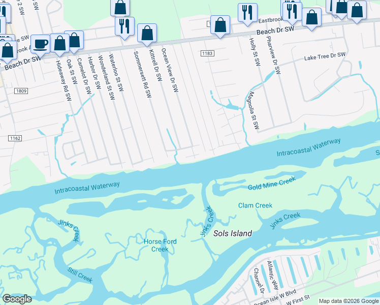 map of restaurants, bars, coffee shops, grocery stores, and more near 2024 Mary Street Southwest in Ocean Isle Beach
