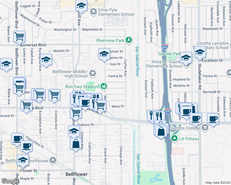 map of restaurants, bars, coffee shops, grocery stores, and more near 10447 Barnwall Street in Bellflower
