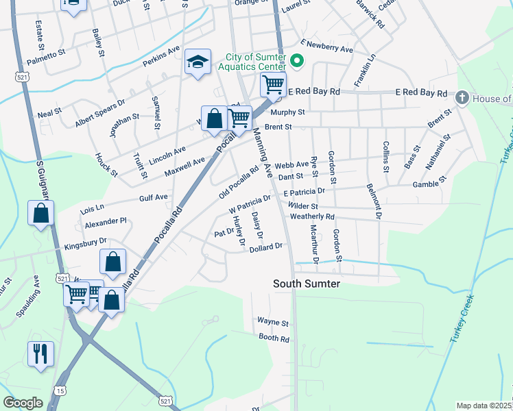 map of restaurants, bars, coffee shops, grocery stores, and more near 16 West Patricia Drive in Sumter