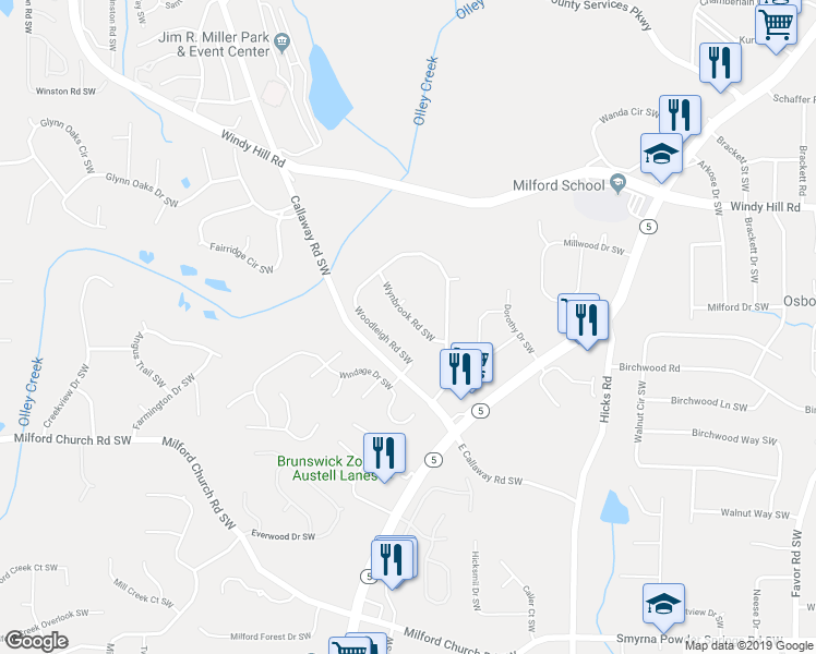 map of restaurants, bars, coffee shops, grocery stores, and more near 1141 Wynbrook Road Southwest in Marietta