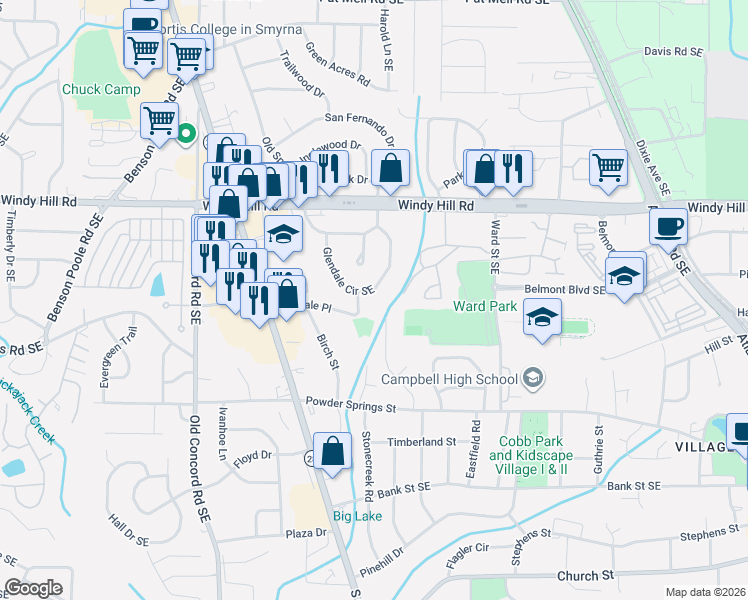 map of restaurants, bars, coffee shops, grocery stores, and more near 2504 S Burbank Circle Southeast in Smyrna