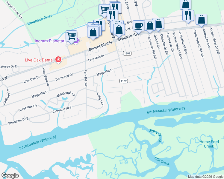 map of restaurants, bars, coffee shops, grocery stores, and more near 607 Sunset Oaks Lane in Sunset Beach