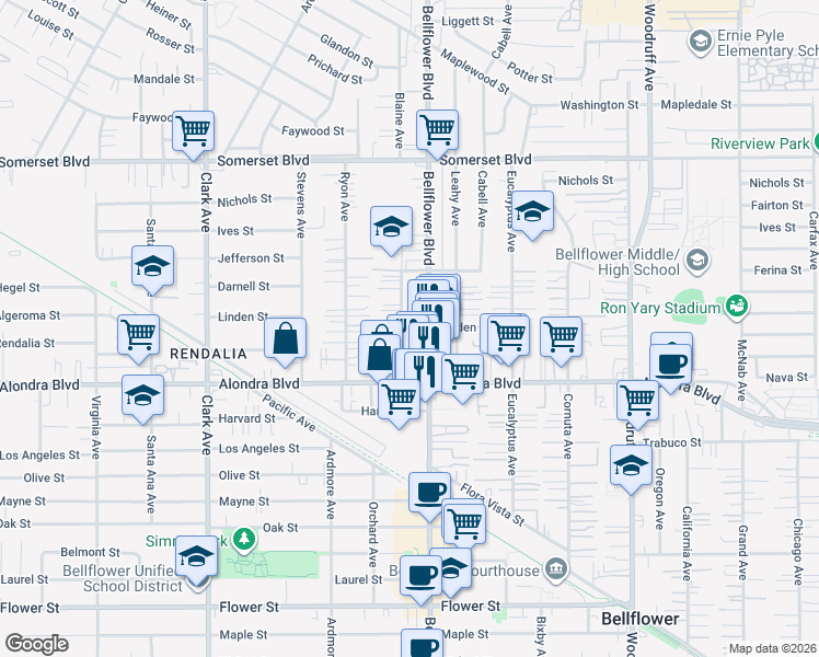 map of restaurants, bars, coffee shops, grocery stores, and more near 15703 Blaine Avenue in Bellflower