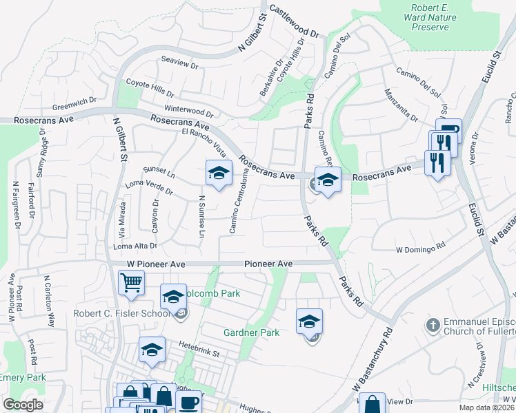 map of restaurants, bars, coffee shops, grocery stores, and more near 1716 Celeste Lane in Fullerton