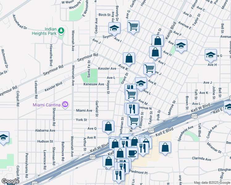 map of restaurants, bars, coffee shops, grocery stores, and more near 2802 Cumberland Avenue in Wichita Falls
