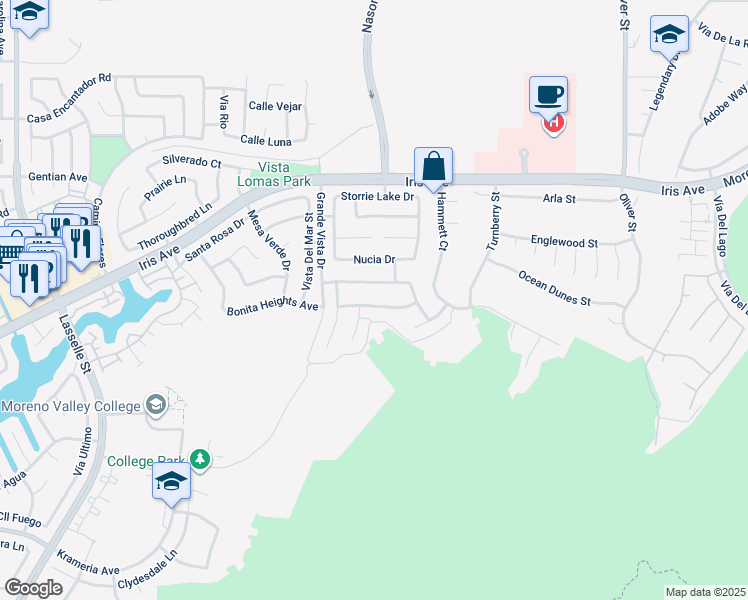 map of restaurants, bars, coffee shops, grocery stores, and more near 26904 Cimarron Canyon Drive in Moreno Valley