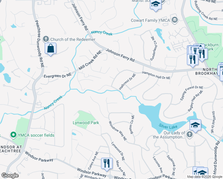 map of restaurants, bars, coffee shops, grocery stores, and more near 1151 Warrenhall Lane in Atlanta