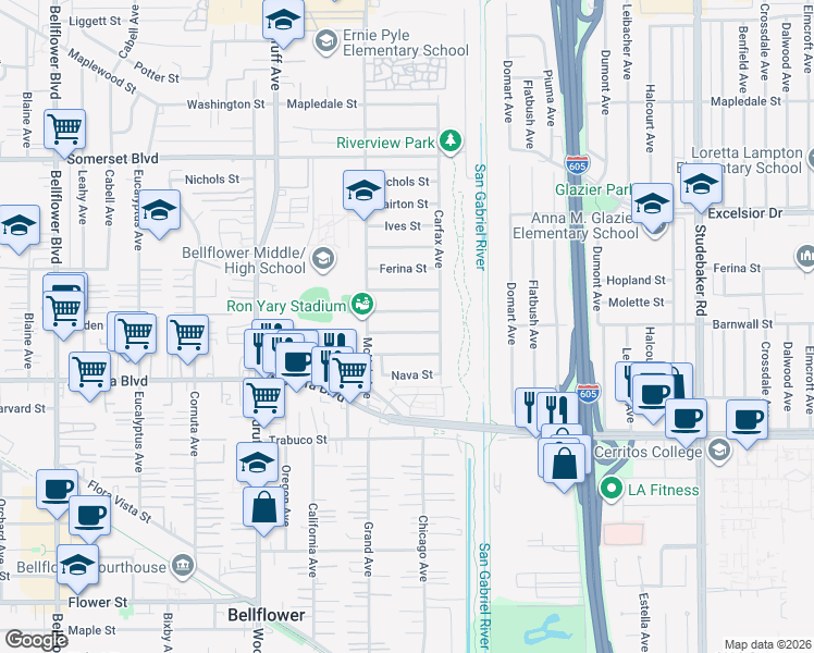 map of restaurants, bars, coffee shops, grocery stores, and more near 10447 Barnwall Street in Bellflower