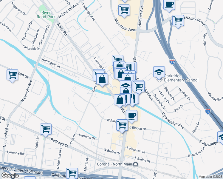 map of restaurants, bars, coffee shops, grocery stores, and more near 316 Clavey Court in Corona