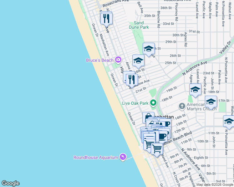 map of restaurants, bars, coffee shops, grocery stores, and more near Marine Ave & The Strand in Manhattan Beach