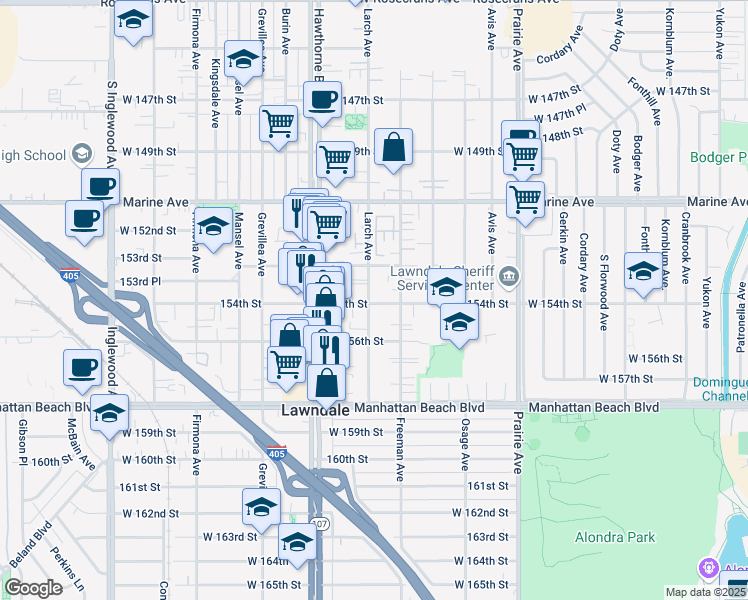map of restaurants, bars, coffee shops, grocery stores, and more near 4229 154th Street in Lawndale