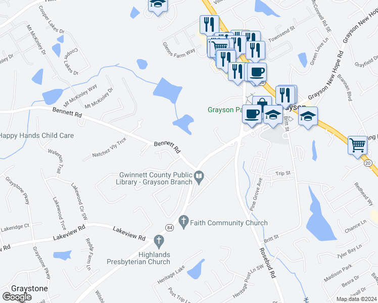 map of restaurants, bars, coffee shops, grocery stores, and more near 659 Bennett Road in Grayson
