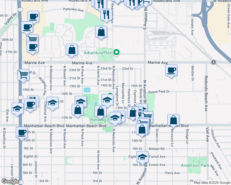 map of restaurants, bars, coffee shops, grocery stores, and more near 1713 Lynngrove Drive in Manhattan Beach