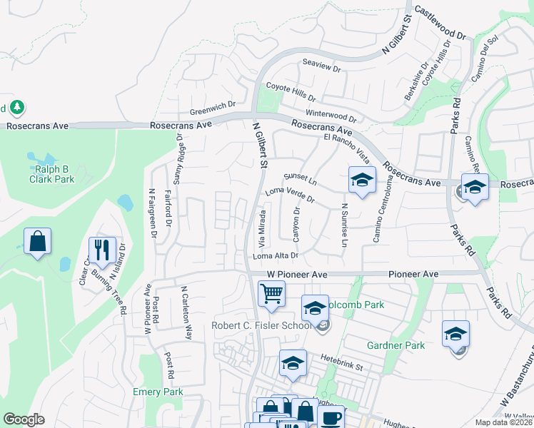 map of restaurants, bars, coffee shops, grocery stores, and more near 1724 Vía Mirada in Fullerton