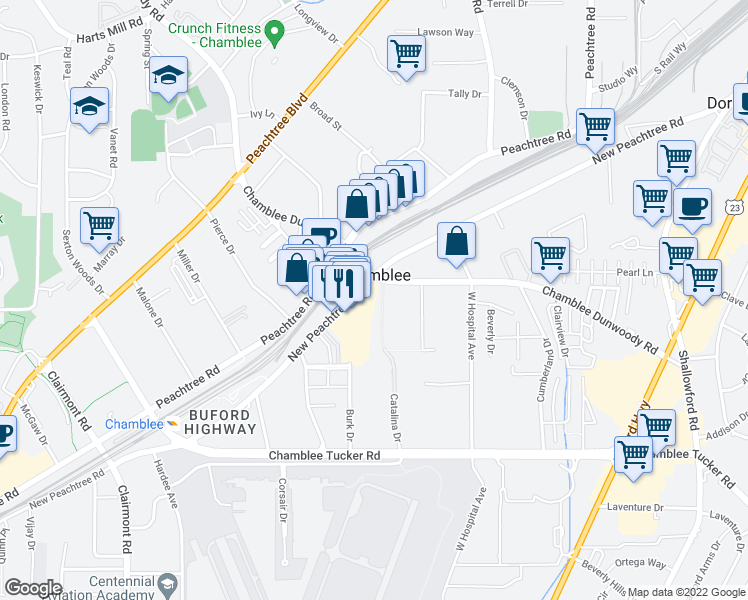 map of restaurants, bars, coffee shops, grocery stores, and more near 3436 Catalina Drive in Chamblee