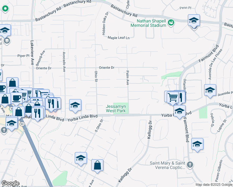 map of restaurants, bars, coffee shops, grocery stores, and more near 19190 Palm Vista in Yorba Linda