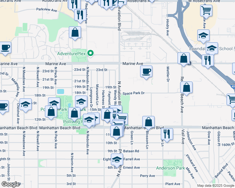 map of restaurants, bars, coffee shops, grocery stores, and more near 1712 Wendy Way in Manhattan Beach