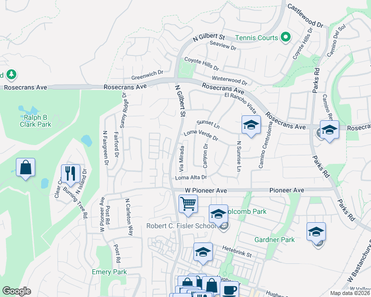 map of restaurants, bars, coffee shops, grocery stores, and more near 1701 Sunset Lane in Fullerton