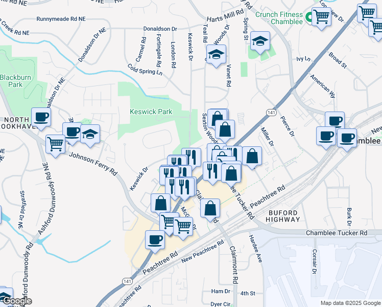map of restaurants, bars, coffee shops, grocery stores, and more near 3505 Keswick Drive in Atlanta