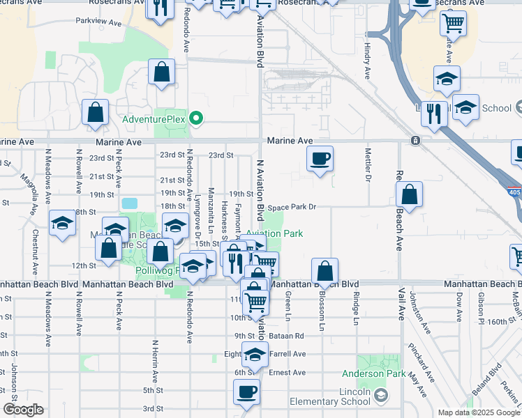 map of restaurants, bars, coffee shops, grocery stores, and more near 1 Space Park Blvd in Redondo Beach