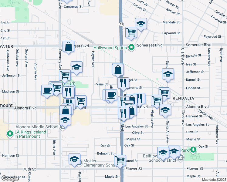 map of restaurants, bars, coffee shops, grocery stores, and more near 15626 Oliva Avenue in Paramount