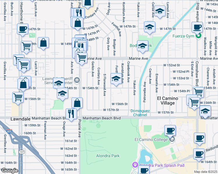 map of restaurants, bars, coffee shops, grocery stores, and more near 3801 West 154th Street in Lawndale