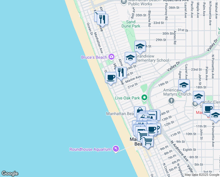 map of restaurants, bars, coffee shops, grocery stores, and more near 2200 The Strand in Manhattan Beach