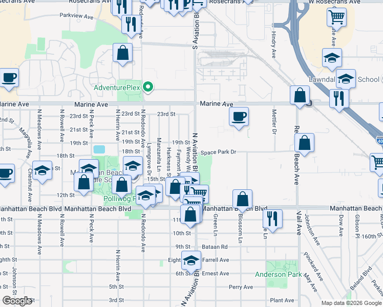 map of restaurants, bars, coffee shops, grocery stores, and more near 1712 Wendy Way in Manhattan Beach
