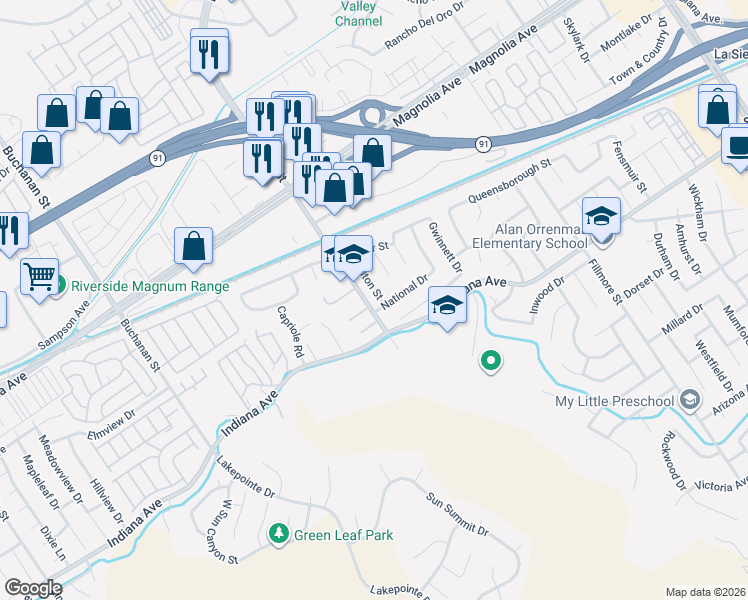 map of restaurants, bars, coffee shops, grocery stores, and more near 3530 Walton Street in Riverside