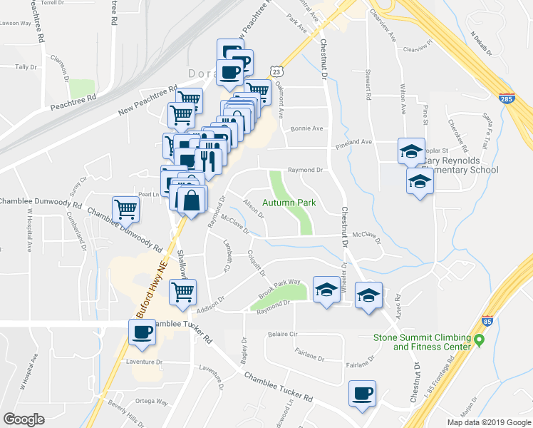 map of restaurants, bars, coffee shops, grocery stores, and more near 3433 Alison Drive in Doraville