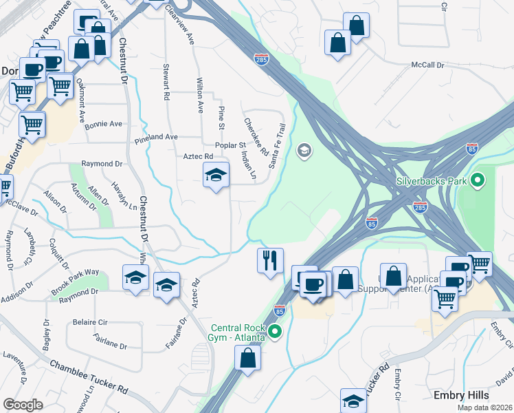 map of restaurants, bars, coffee shops, grocery stores, and more near 2927 Arbor Creek Lane in Atlanta