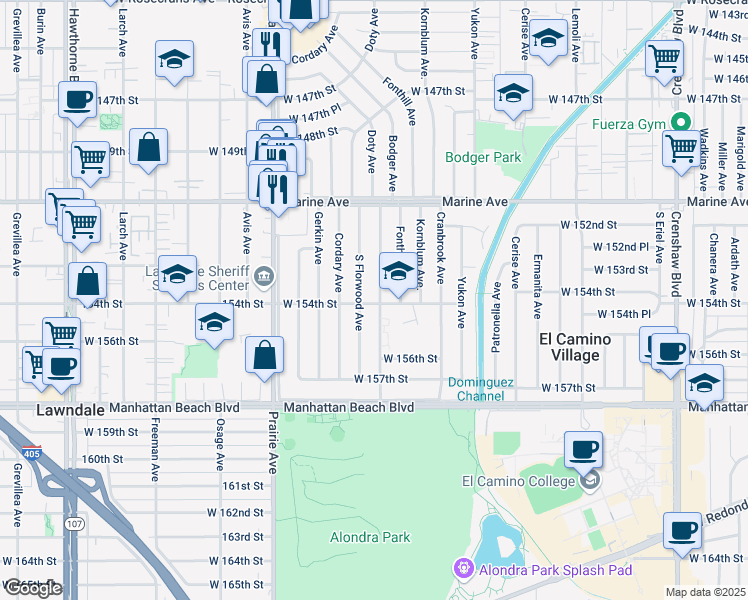 map of restaurants, bars, coffee shops, grocery stores, and more near 3801 West 154th Street in Lawndale