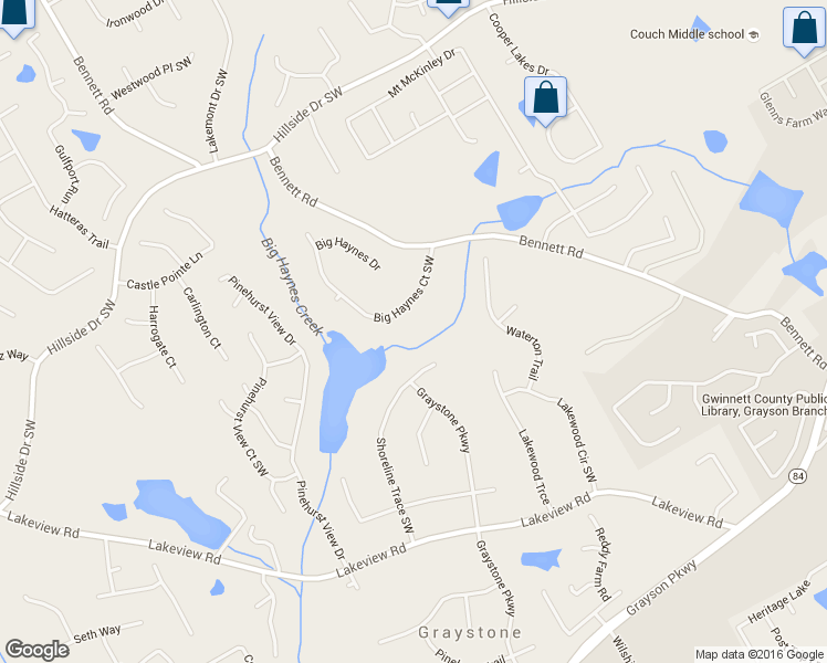 map of restaurants, bars, coffee shops, grocery stores, and more near 1865 Big Haynes Court Southwest in Grayson