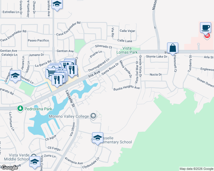 map of restaurants, bars, coffee shops, grocery stores, and more near 15775 Avenida De Circo in Moreno Valley