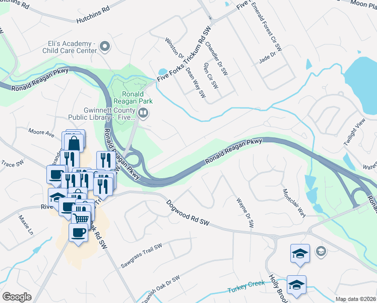 map of restaurants, bars, coffee shops, grocery stores, and more near 2722 Marcia Drive Southwest in Lawrenceville
