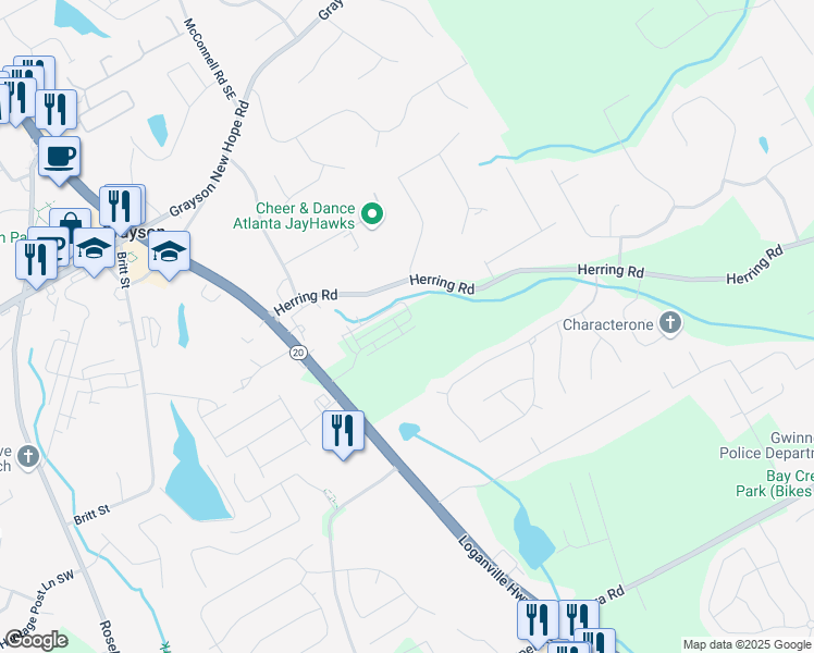 map of restaurants, bars, coffee shops, grocery stores, and more near 178 Mission Oak Drive Southeast in Grayson